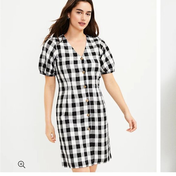NWT LOFT Gingham Button V-Neck Dress Puff Short Sleeve Black White Size 2 Petite - Picture 1 of 8